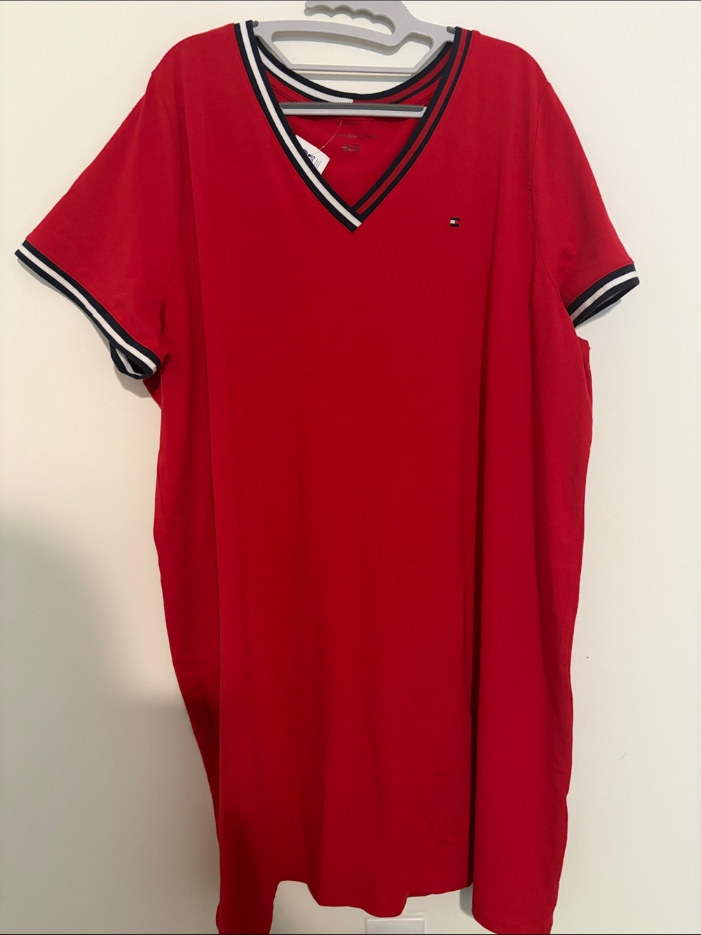 Tommy Hilfiger Red V-Neck Mini Dress with Navy & White Trim